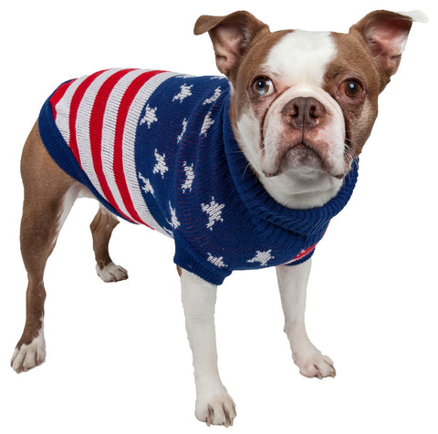 Image of Patriot Independence Star Heavy Knitted Fashion Ribbed Turtle Neck Dog Sweater