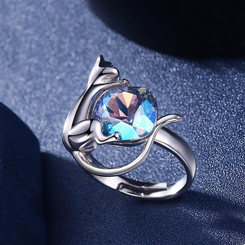 Sterling Silver Blue Swarovski Crystal Cat Ring